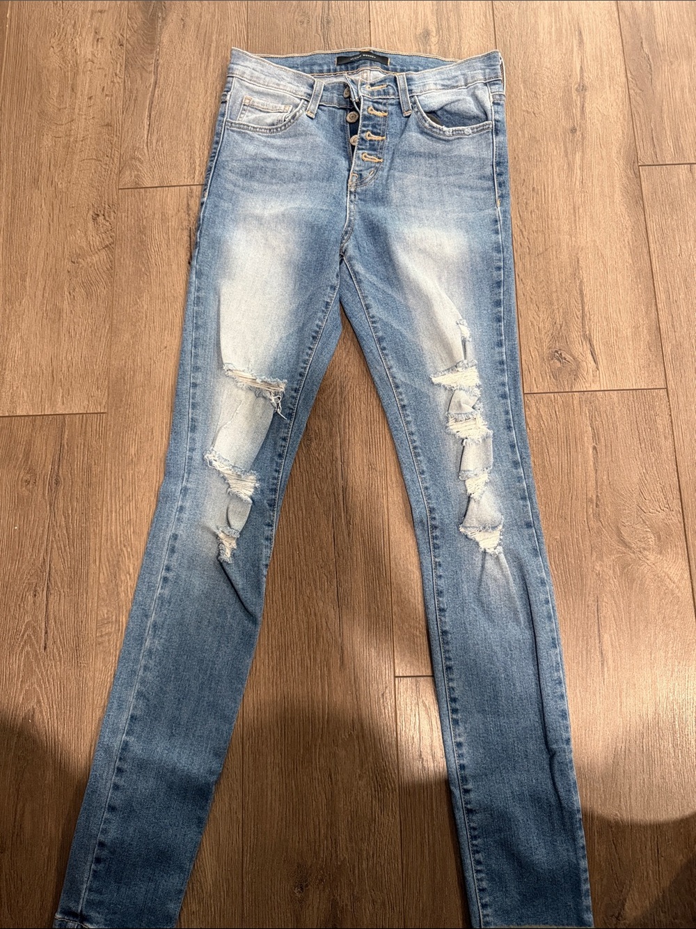 Flying Monkey Light Blue Distressed Button-Fly Skinny Jeans